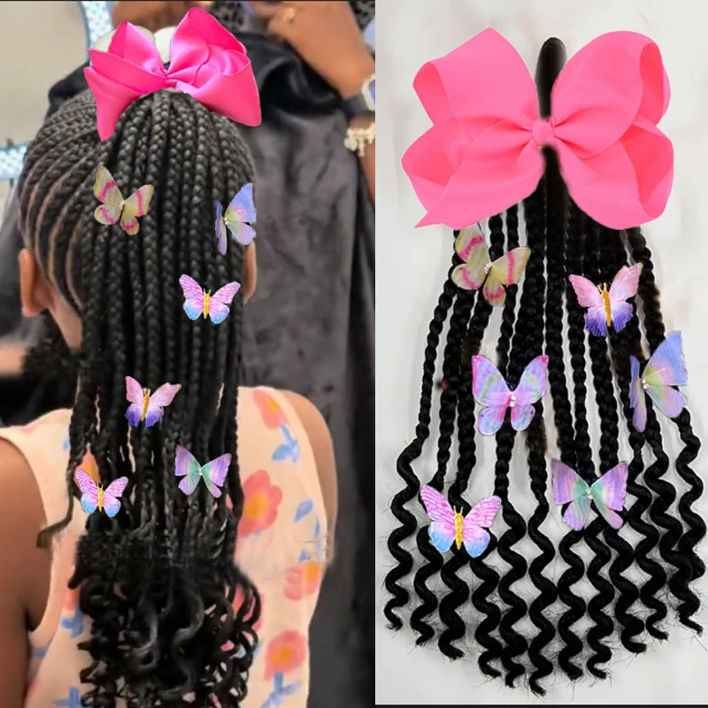 

Children's Detachable Elastic Ponytail - 12 Inch Black Synthetic Hair with Bows &Dreadlock Beads -School & Party Hair Accessory