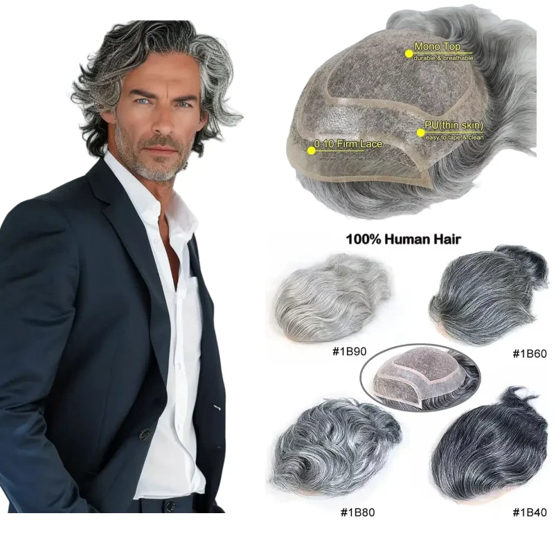 

Парик из человеческих волос 8x10 дюймов, моно-основа для мужчин, серая смесь | Для фотографий Цвета 1B 1B90 # 4-е изображение идеальное