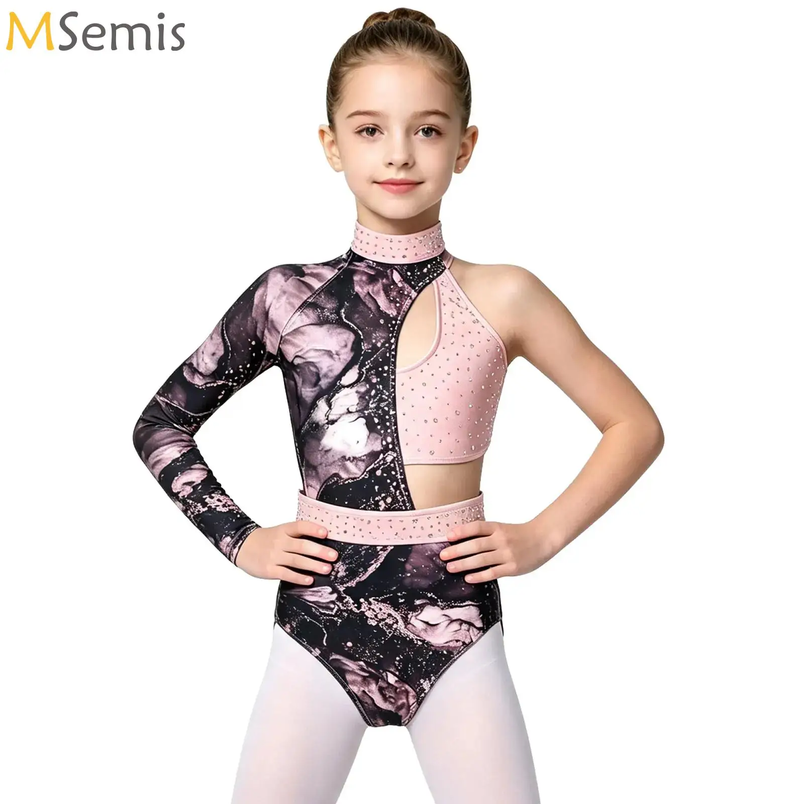 Kids Shiny Rhinestone  Ballerina Dance Costume Gymnastics Dance One Piece Bodysuit Girls Ballet Dance Practice Leotard Jumpsuit