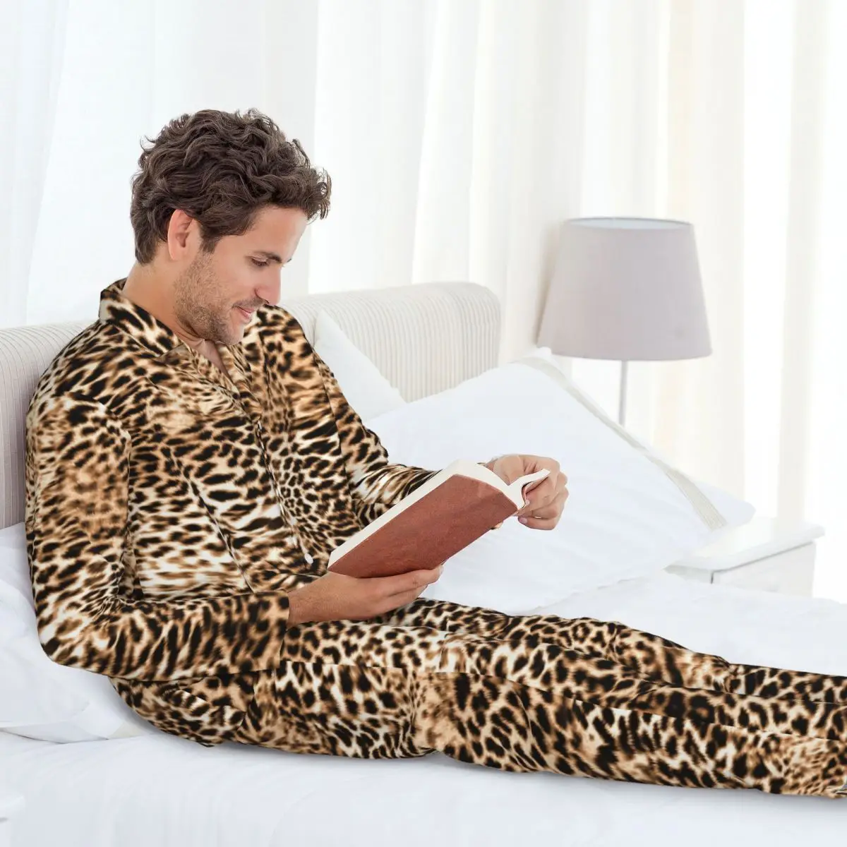 Leopard Print Long-sleeved Trousers Pajamas for Men Autumn and Winter Homewear Sleepwear Sets