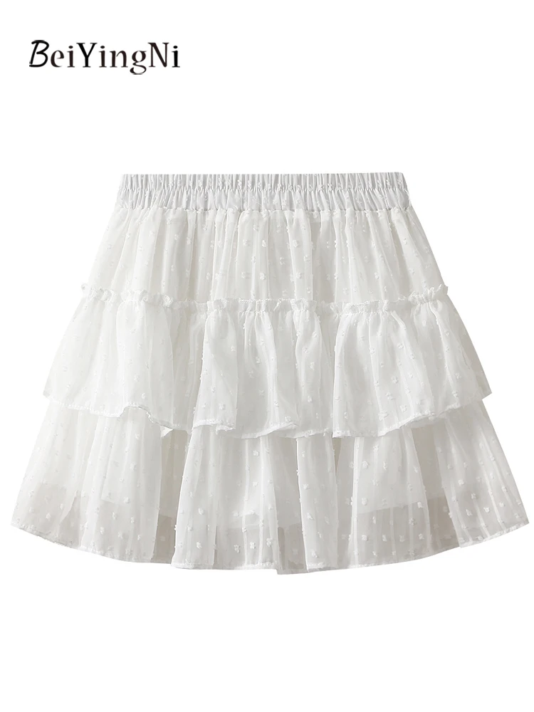

Beiyingni 2025 Fashion Women Mini Skirts Flocking Dot Korean Sweet High Waist A-line Short Skirt Lining Casual Tutu Cake Skirts