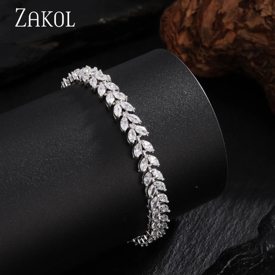 ZAKOL Trendy Wedding Bridal Bracelet for Brides Bridesmaids Delicate Leaf Shape Cubic Zirconia Classic Bracelets Women Jewelry