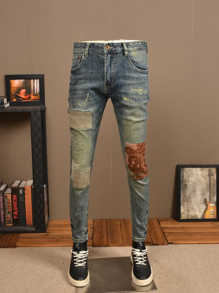 Spring and Autumn Ripped Jeans Men's Distressed Stretch Slim Fit Skinny Cloth Patch High Street Retro Blue Casual Men's Trousers