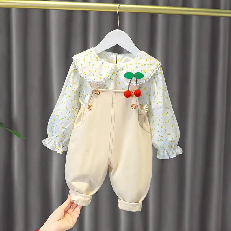 

Girls' Clothing Set Spring and Autumn New Children's Clothing Toddler Baby Flower Fragmented Long sleeved Shirt Strap Pants 2PCS