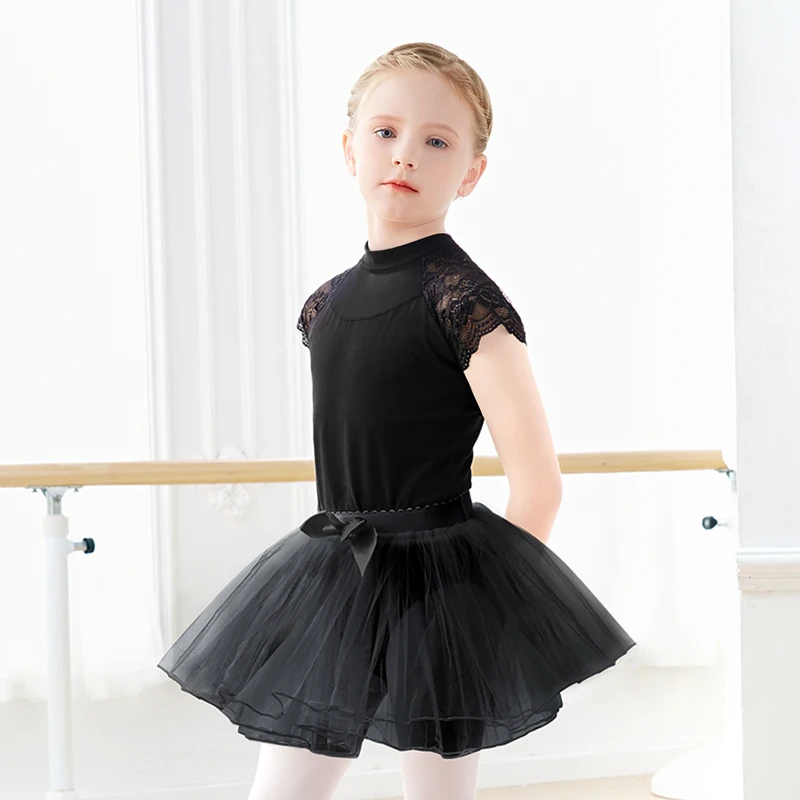 Collant de balé para meninas, collant de ginástica, traje de dança infantil, bodysuit com gola com renda e saias tutu, maiô verão