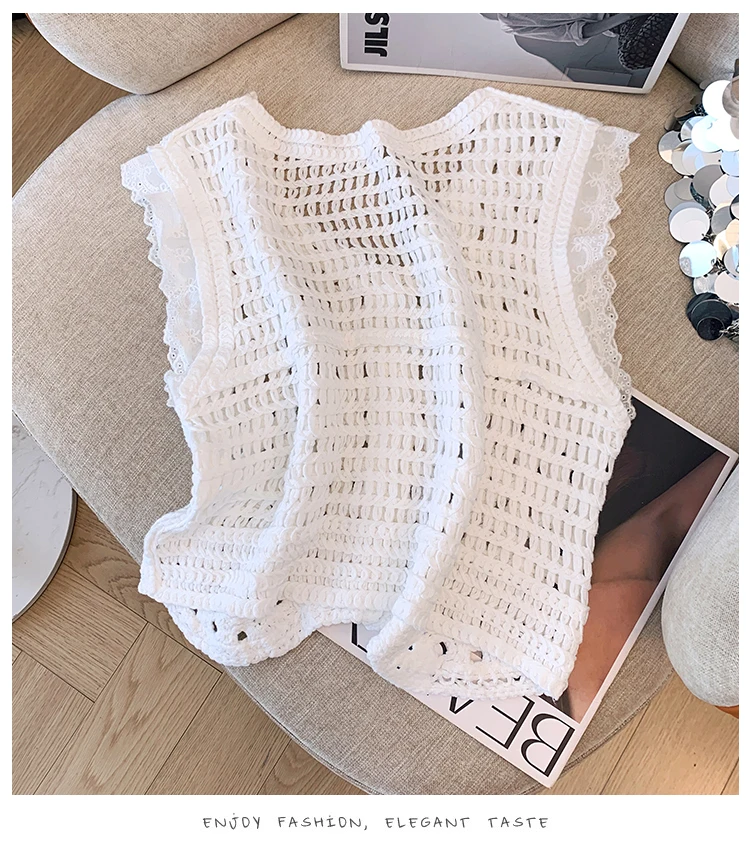 Sheer Crochet Tank Top Button Front V-Neck Open-knit Hollow Out Crop Blouse Cardigan Women Summer Boho Vacation Outfit