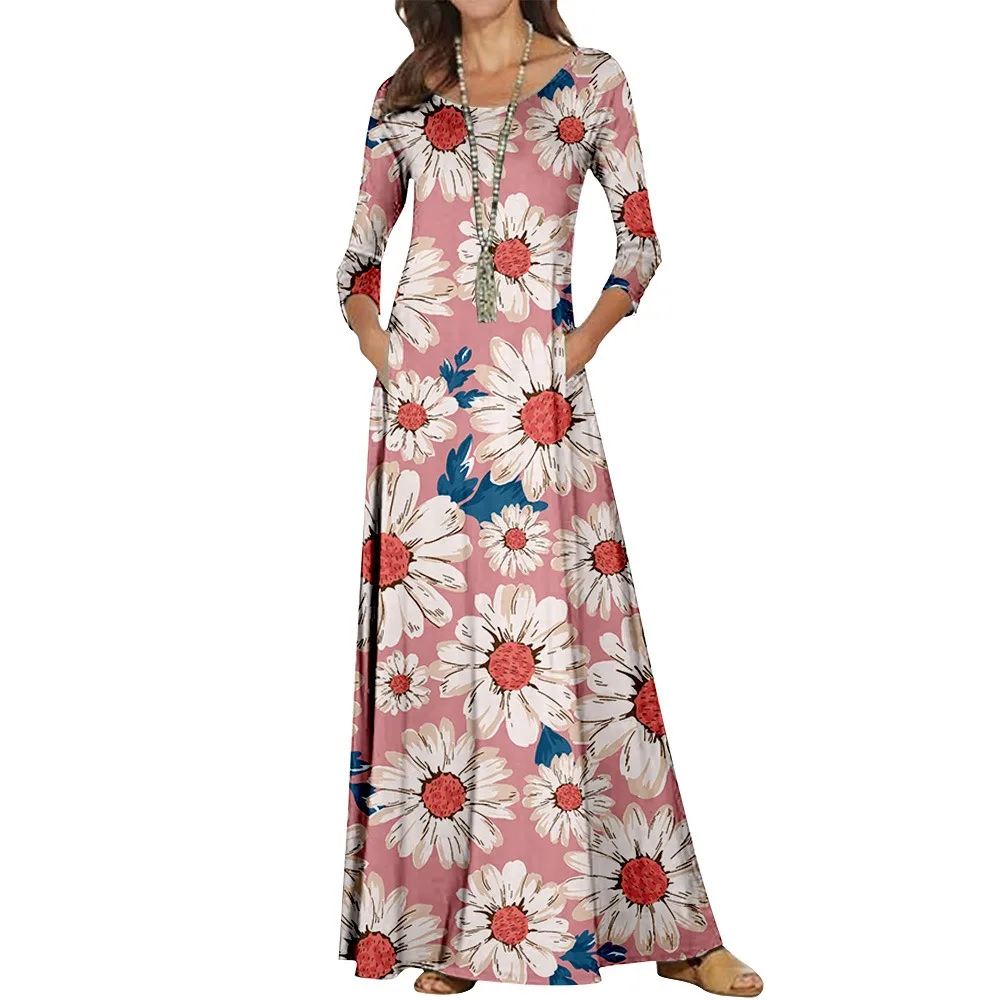 

Autumn Long Dress Casual Women O Neck Long Sleeve Flower Dress Fashion Loose Streetwear Pocket Clothing Stylish Party Vestidos