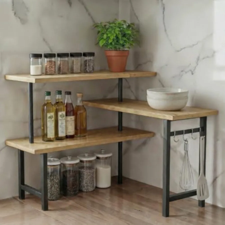 

3-Tier Bamboo Corner Countertop Organizer with Extended Top Tier Corner Shelf for Kitchen Counter Coffee Bar Organizer Bathroom