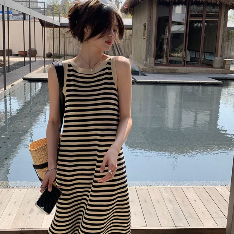 Vestidos básicos a rayas para mujer, Vintage, combina con todo, estilo coreano seductor, informal, tierno, estético, sencillo, encantador, acogedor para uso diario