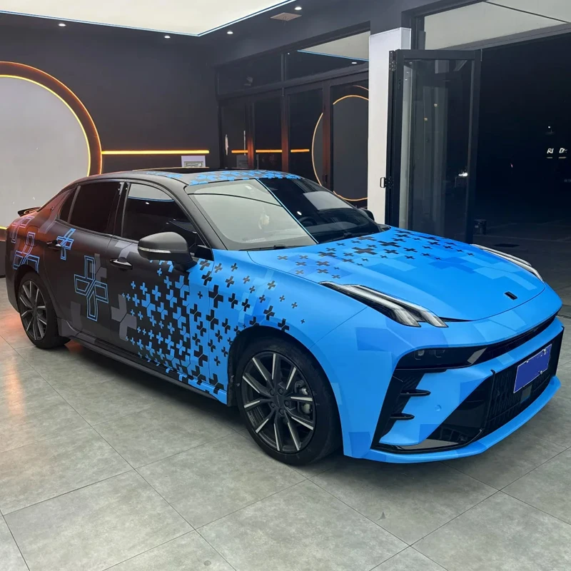 Custom Blue to Black Gradient Car Vinyl Wrap with Racing Stripes, Matte Air Release Full Body Color Change Film