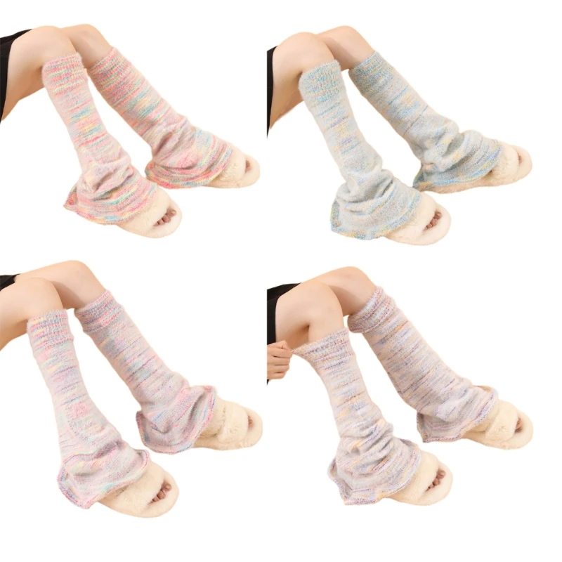 

Women JK Girls Flared Hem Leg Warmer Colorful Furry Knitted Knee High Long Socks 449B