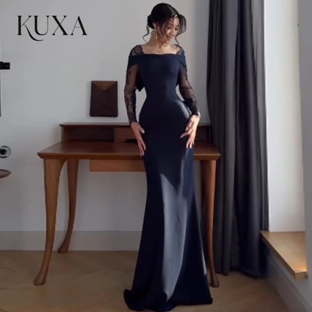 KUXA Maßgeschneiderte Meerjungfrau-Luxus-elegante arabische Abendkleider, quadratischer Kragen, lange Ärmel, bodenlang, zarte Promi-Kleider
