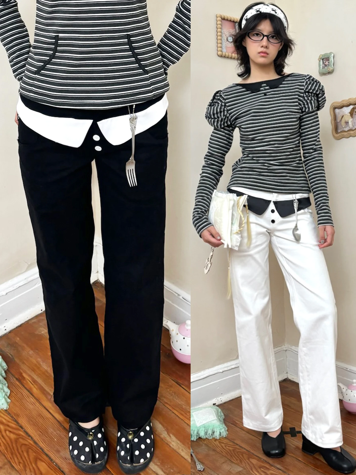 

Удобные прямые брюки с двухцветным воротником-стойкой, двойным поясом, универсальные, всесезонные, стройнящие, эластичные, повседневные