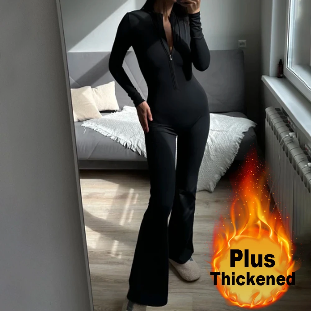 

For Women Warm Flared Gym Overalls Fleece Yoga Jumpsuit Sportswear One Pieces Set Fitness Zipper Bodysuit Winter Sport Jumpsuits
