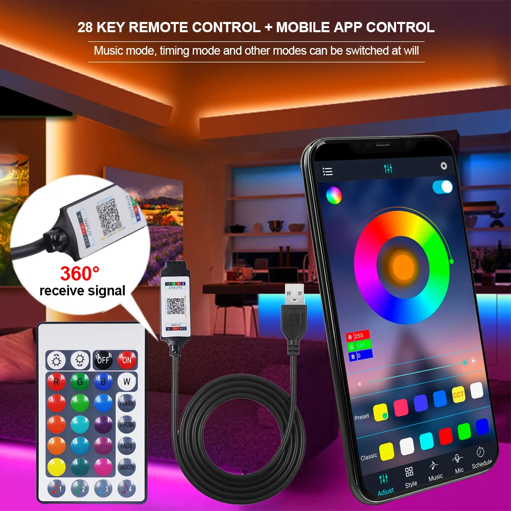 5050 RGB USB LED TV Screen Backlight Strips 28Keys 44Keys Smart Voice Bluetooth APP Flexible 30LEDs/M Tape Diode Ribbon 5M 10M