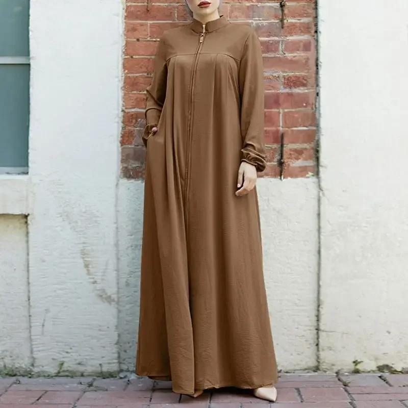 Jalabiya-Robe musulmane à manches longues pour femme, tenue décontractée, couleur unie, caftan, caftan, fermeture éclair, pour le ramadan