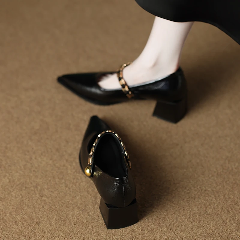 

Soft Leather Mary Jane 2025 new fashion Pointed Toe High Heels Women's Spring Summer Match Skirts Chain Element Anti-Slip