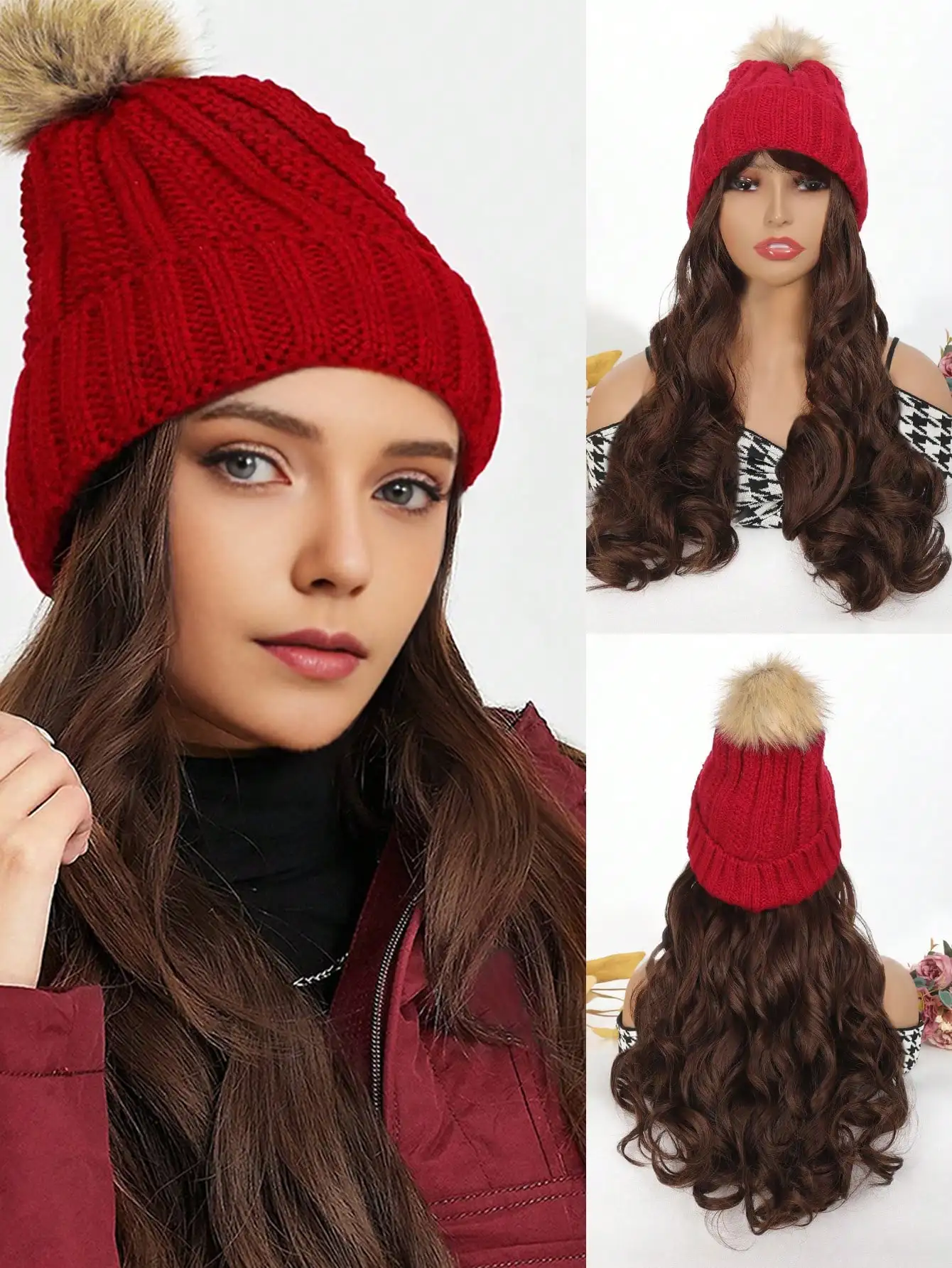 Synthetic Hat Wig Red Warm Knit Hat With Fur Ball With 18 Inch Medium Long Water Wave Hair Extensions For Women And Girls Hat An