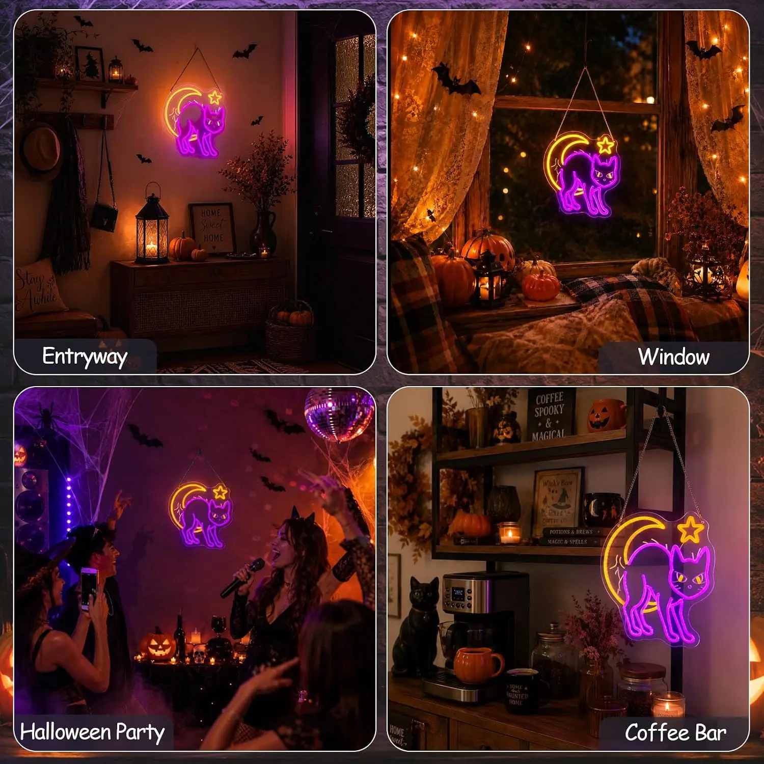 Halloween Black Cat Neon Sign Moon Star LED Neon Light Spooky Party Bar Bedroom Game Room Home Decor Christmas Gift USB Powered