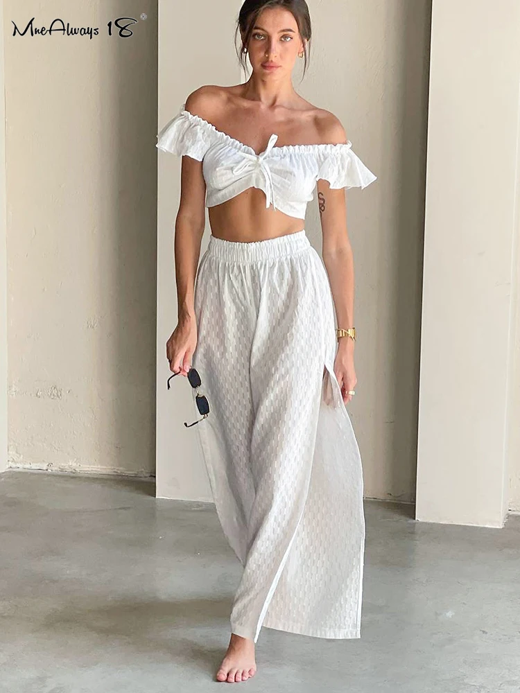 Mnealways18 Sexy Women Jacquard Two Piece Sets Vacation Outfit 2024 Ruched Lace-Up Top And Elastic Waist Pants Beach Suits White