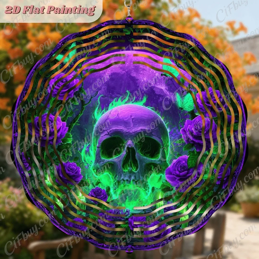 CIFBUY Wind Chime Colorful Purple Rose Skull 360° Rotating Metal Spinner Outdoor Yard Porch Hanging Decor Gift