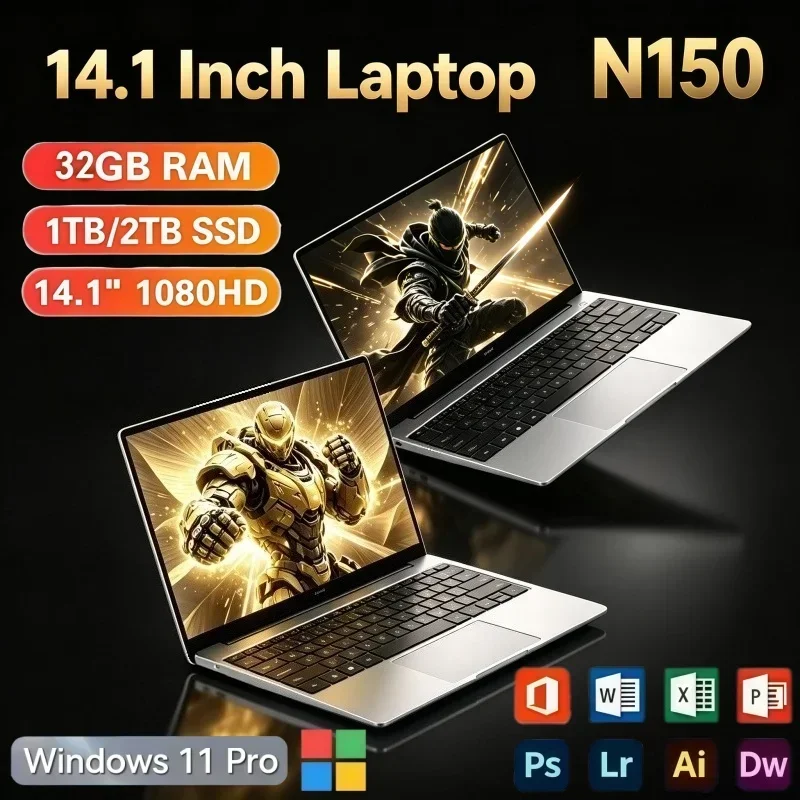 14.1 Inch Multi‑purpose Notebook PC Intel N150 32GB RAM 2TB SSD Windows 11 Office Portable Laptop For Gaming Working Studying