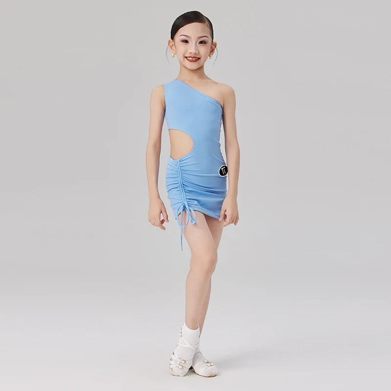 2025 crianças roupas vestido de dança latina para meninas ombro inclinado vestidos ocos chacha trajes desempenho latino usar dn21597