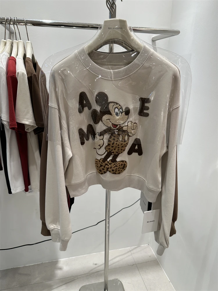 Autumn Winter New Women's Short Coat Loose Casual Hoodies Heavy Craft Leopard Cartoon Long Sleeves Pullover Crew Neck Sweatshirt