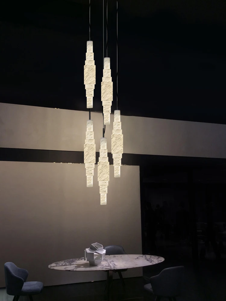 2025 Luxury Natural Marble LED Pendant - Alabaster Suspension Light for Dining Room, Modern Dimmable Chandelier