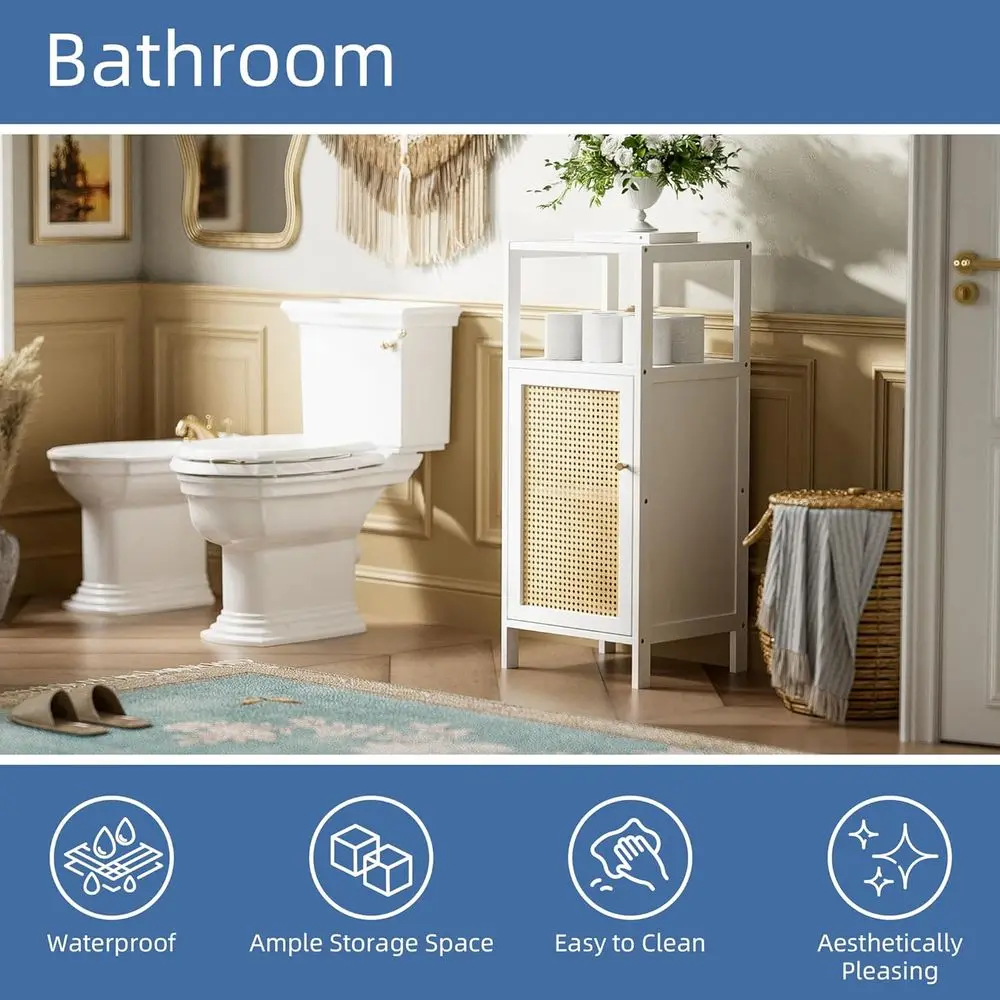 Armário de Banheiro de Bambu Branco Independente com Portas de Rattan para Espaços Pequenos