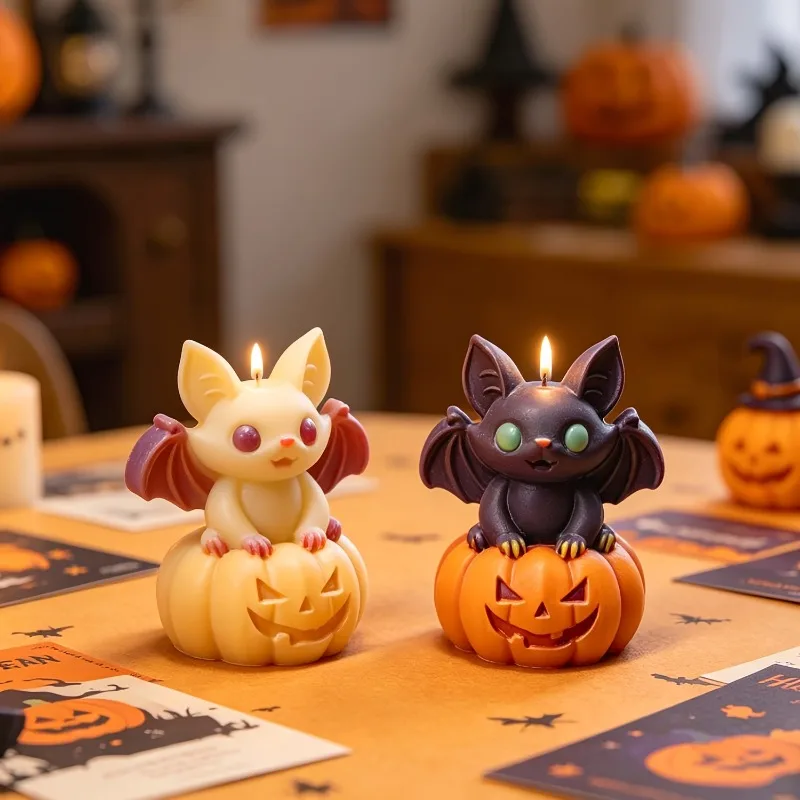 1/2 Stück Gruselige Halloween-Geister-Kürbis-Fledermaus-Silikonform, Kerzen-Gips-Seifen-Harz-Gießform, Heimdekoration für Halloween-Festival
