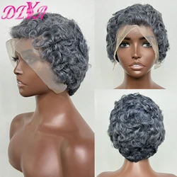 13x4 Transparent Lace Frontal Wig 180% Density Gray Color Short Pixie Cut Curly Wave Human Hair Wigs for Black Women 6 Inches