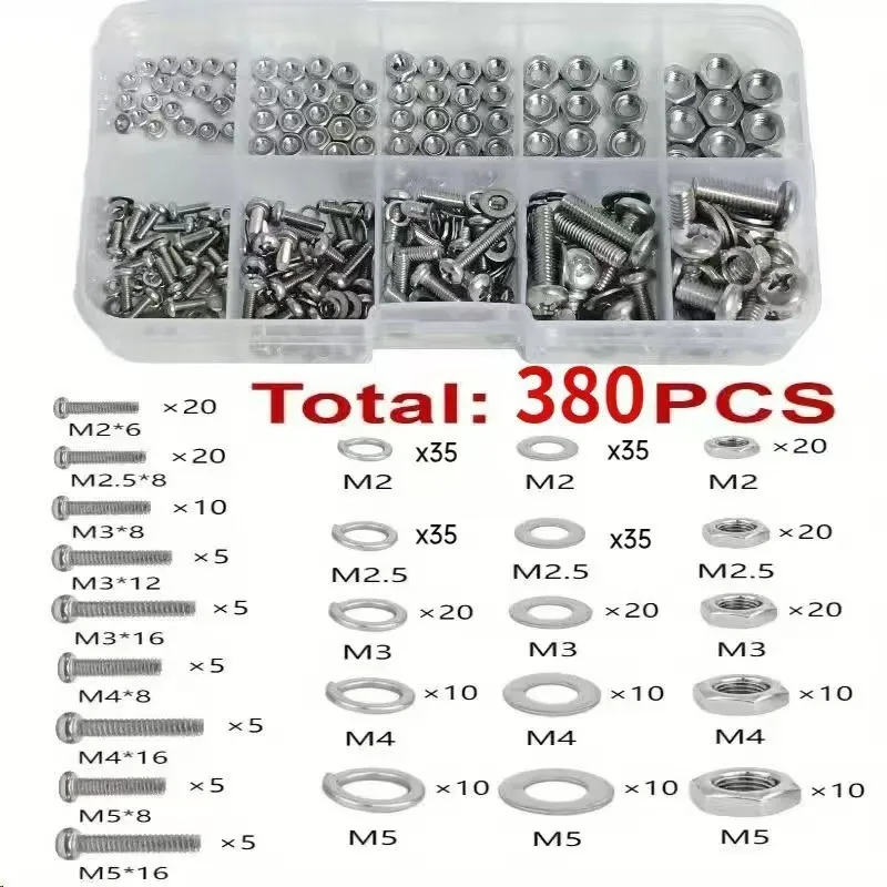 380pcs/boxed M2-M5 round head cross bolt screw nut flat washer combination kit