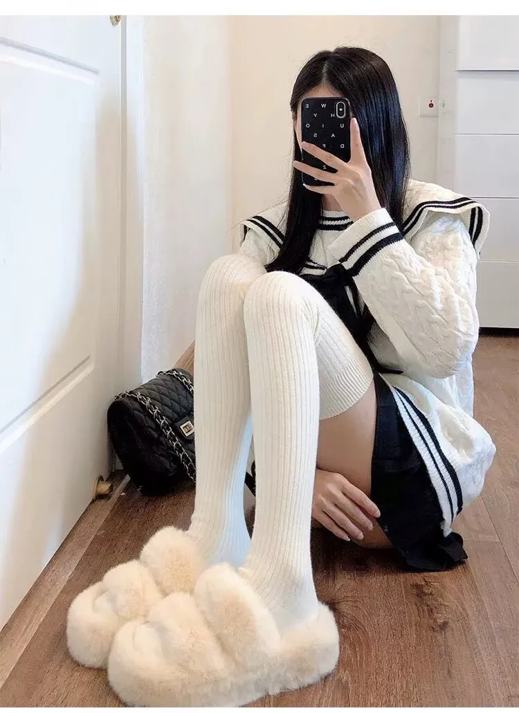 جوارب صوف لوليتا لخريف وشتاء للسيدات - جوارب طويلة سميكة ودافئة بلون سادة | جوارب عصرية باللونين الأبيض والأسود #3