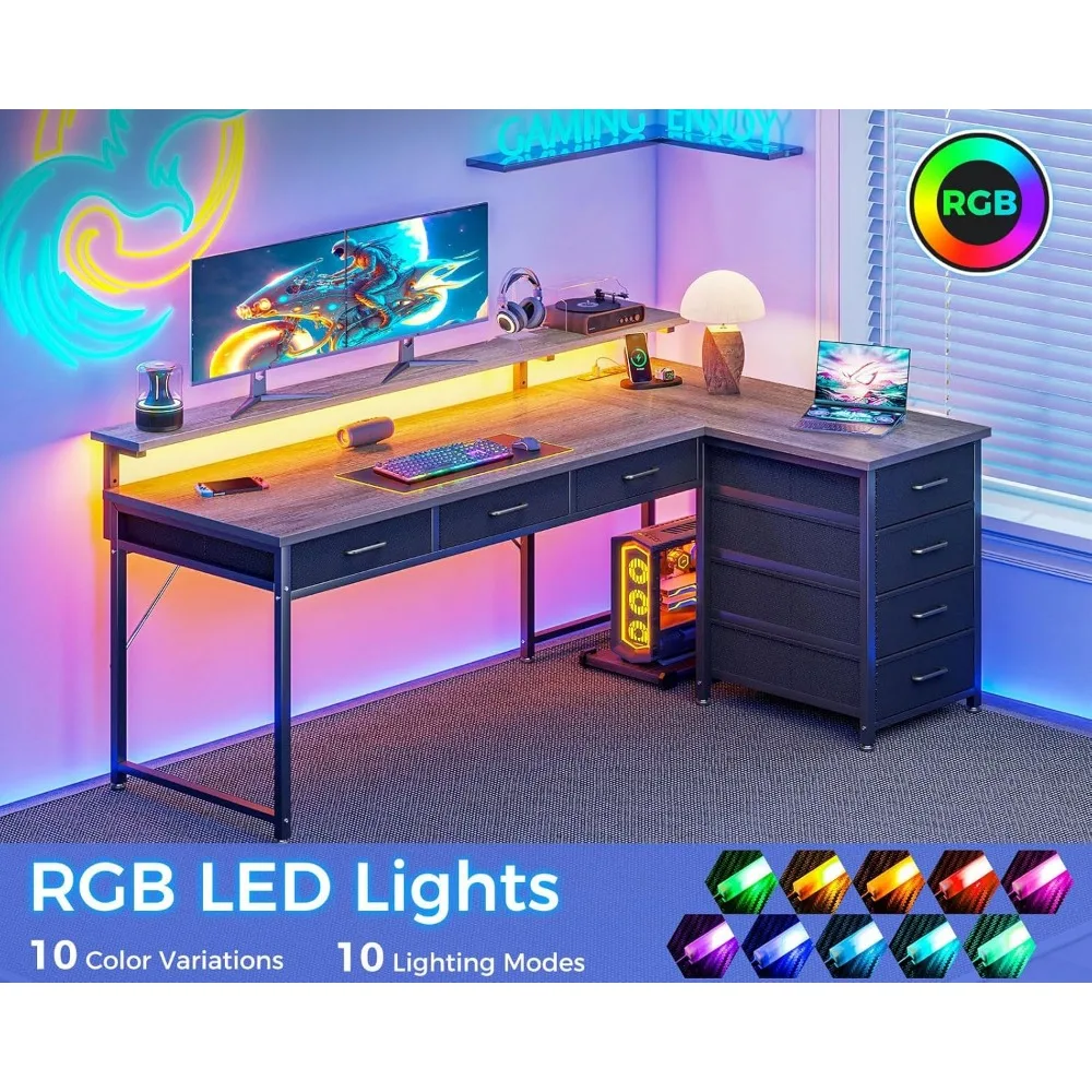 L Shaped Desk with 7 File Drawers, Gaming Desk with LED Light & Power Outlet, Reversible Home Office Desk with Monitor Shelf
