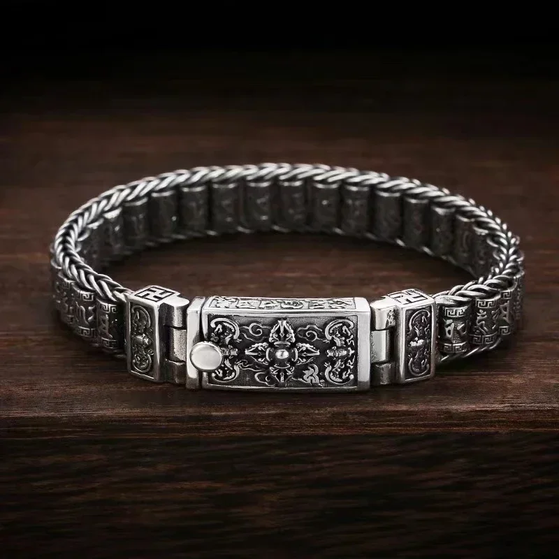 Handmade Silver Color Reative Passepartout Prayer Wheel Bracelet Men Transfer Beads Six-Character Mantra Retro Women Charm Chain