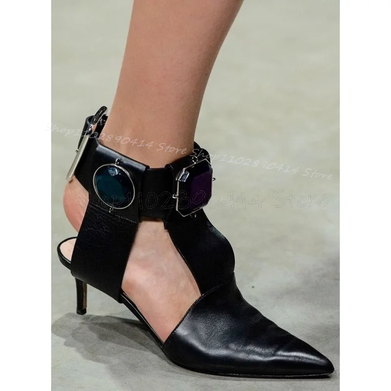 Colorful Crystal Decor Black Cut Heel Pumps Ankle Buckle Strap Women Shoes Thin High Heels Pointed Toe 2024 Zapatos Para Mujere