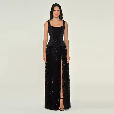 Elegant Black Square Collar Evening Dress Customized Sleeveless Lace Party Dress High Quality Beaded Long Celebrity Gowns