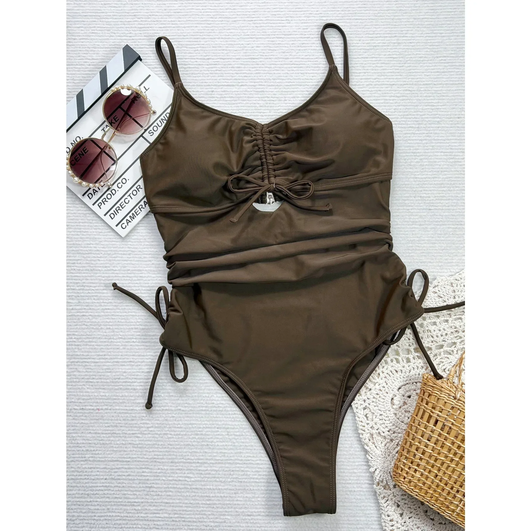 Traje de baño sexy marrón arrugado, bikinis de una pieza con lazo y cordón, trajes de baño, bikini para mujer, trajes de baño tankini