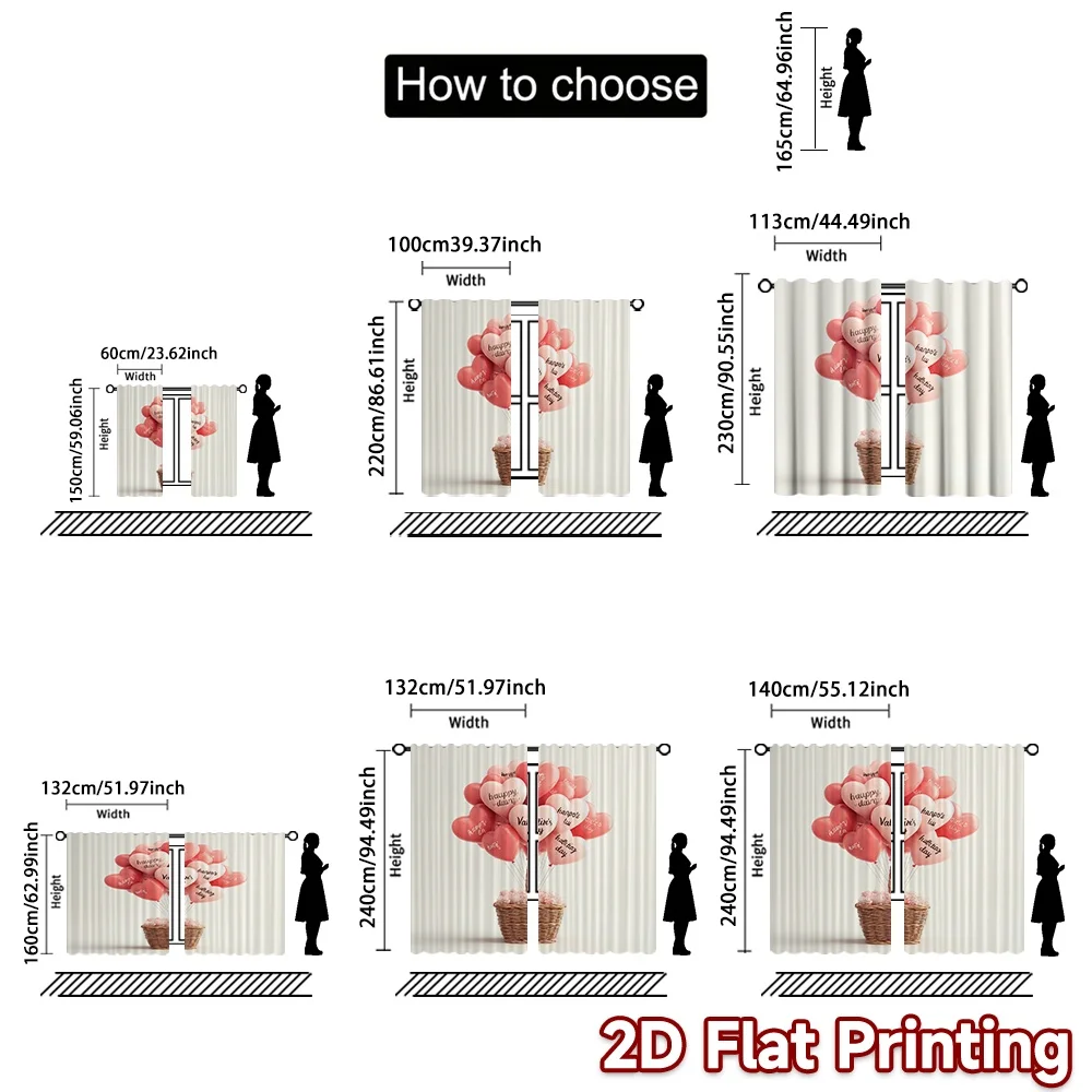 2D FLAT PRINTING 2pcs Curtains (Without Rod) Valentine's Day Heart Balloon Minimalist Chic Curtains Prints Light Filtering