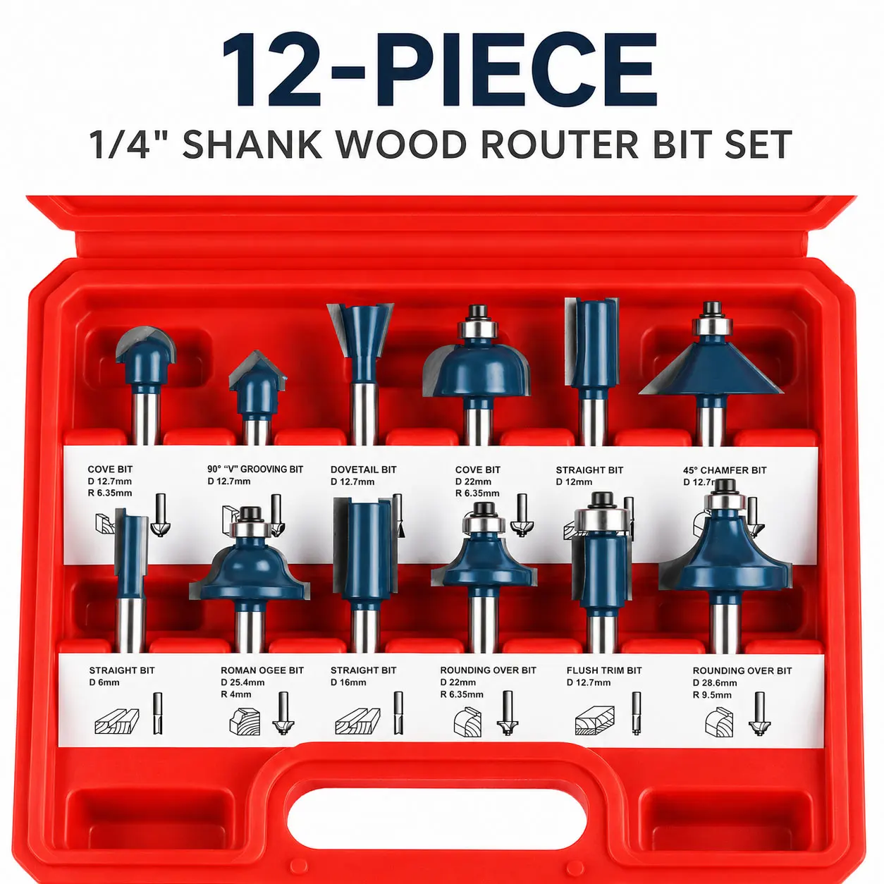 

1/4" Shank Wear Resistant 12 Pcs Multi Function Wood Router Bit Set Multi Scene Grooving Engraving Edge Forming Milling Cutter