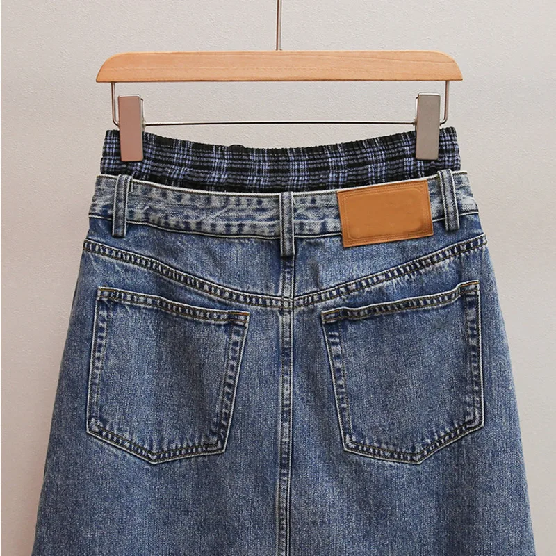 ANJY 秋の新女性ハイエンドファッションフェイクツーピース不規則なデザインスリットデニムスカートオフィスレディシックイン A ラインスカート A12664