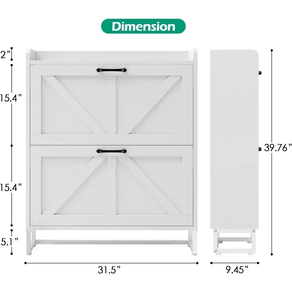 Shoe Storage Cabinet with 2 Flip Drawers,  Slim Shoe Rack Cabinet, Freestanding Hidden Shoe Organizer Cabinet with Metal Legs