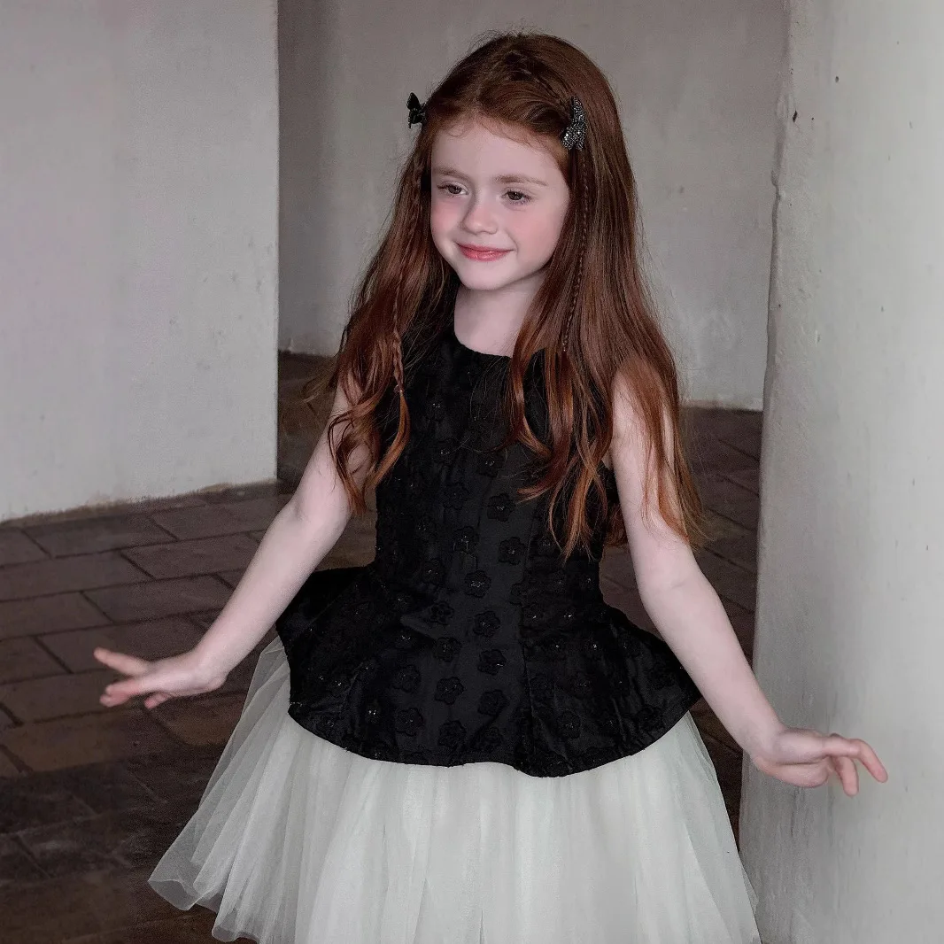 

Girls Sleeveless Dress 2025 Summer New Children Clothing Girls Puffy Vest Dress Children Sweet Princess Dress
