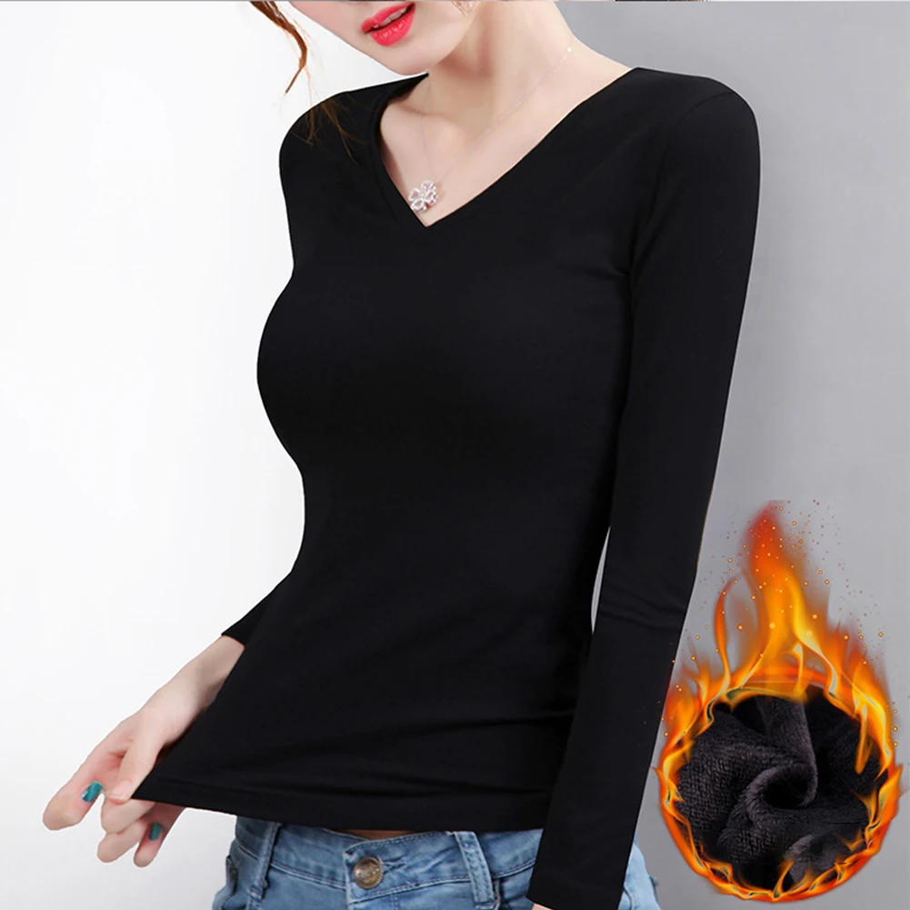 Fashion Women's Long Sleeve Thermal Tee Tops O/v-Neck T-Shirt Winter Warm Bottoming Undershirt Female T-shirts