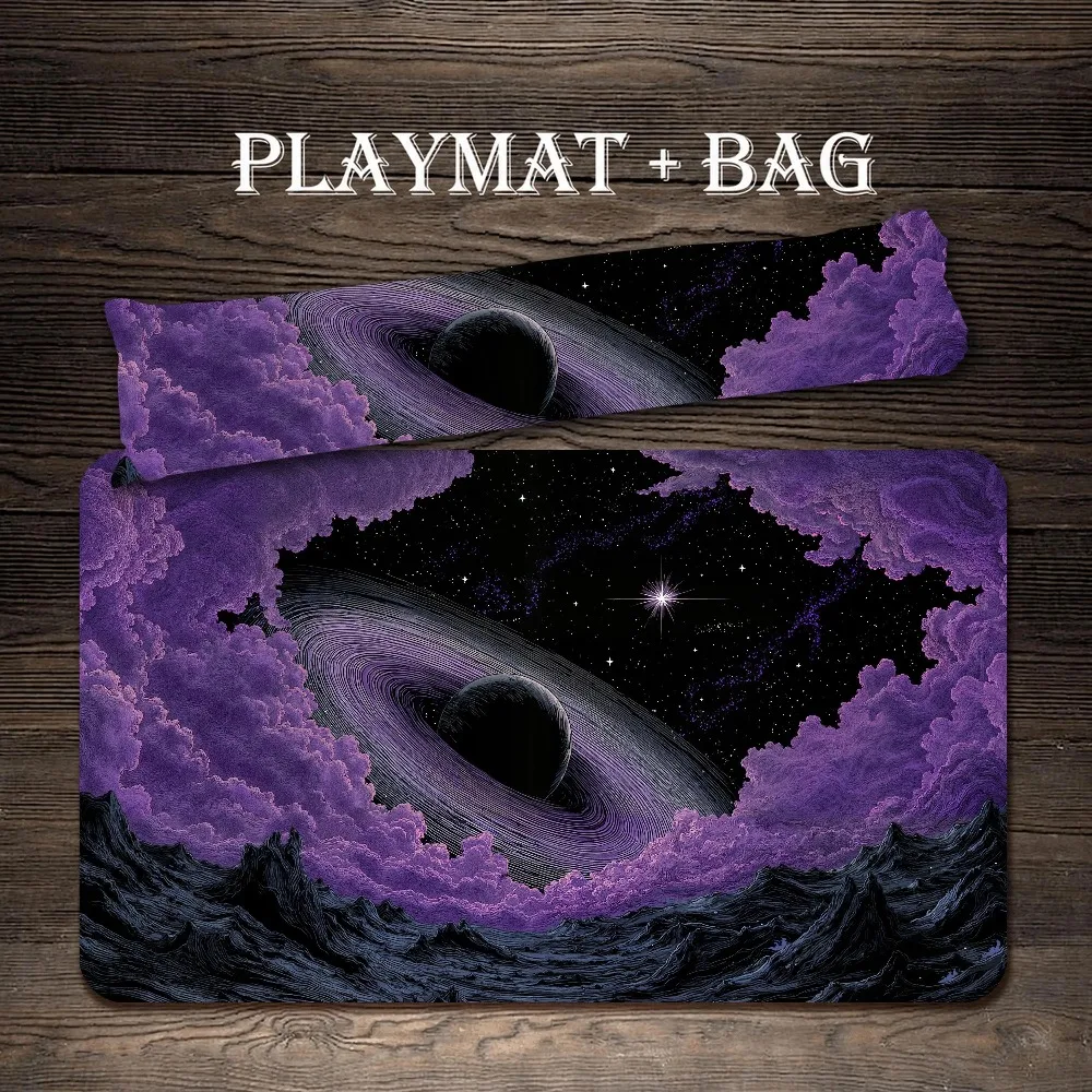 Purple Cosmic Sky TCG Playmat Ringed Alien Planet Dark Jagged Mountain Range Nebula Star Space Art Desk Mat for Card Game