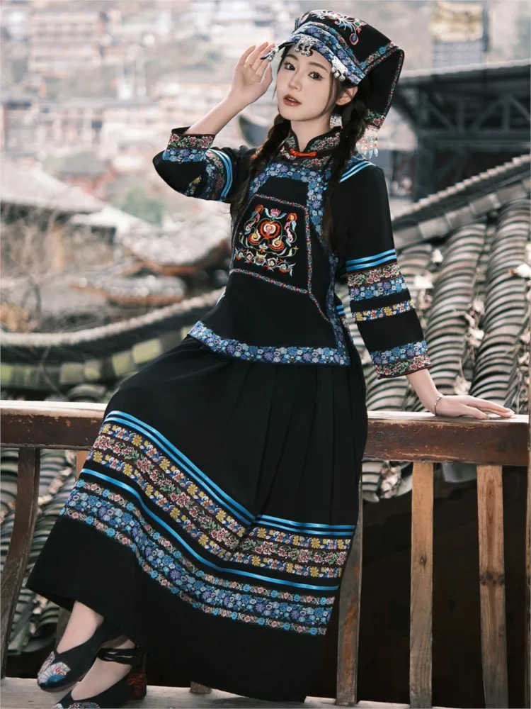 

Female adult exotic clothing embroidered dance performance costumes travel photography suits long skirts