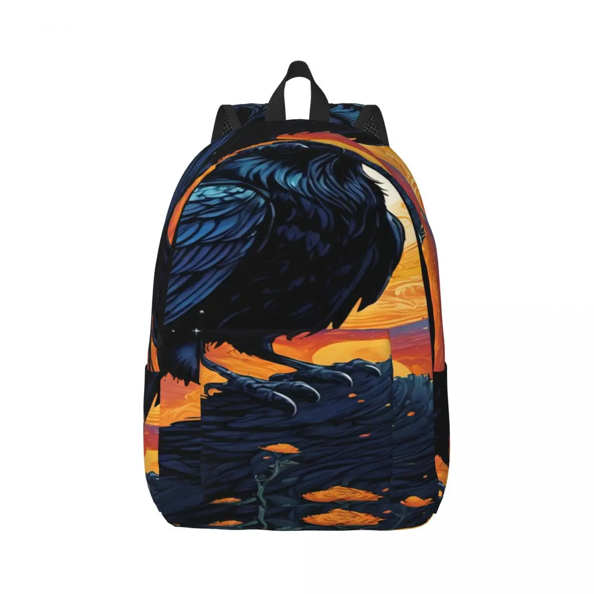 Cool Skull Student Backpack Center Crow Moon Planets Flowers Cosmic Surreal Wildlife Black Orange Bl Aesthetic Daypack Trendy