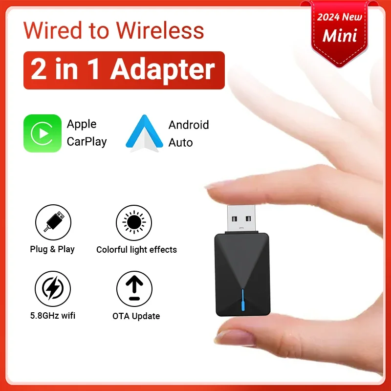 

2025 Wired to Wireless 2 in 1 AI Carplay 5G Wif & Bluetooth 5.0 Android Auto Plug and Play Non-inductive Connection