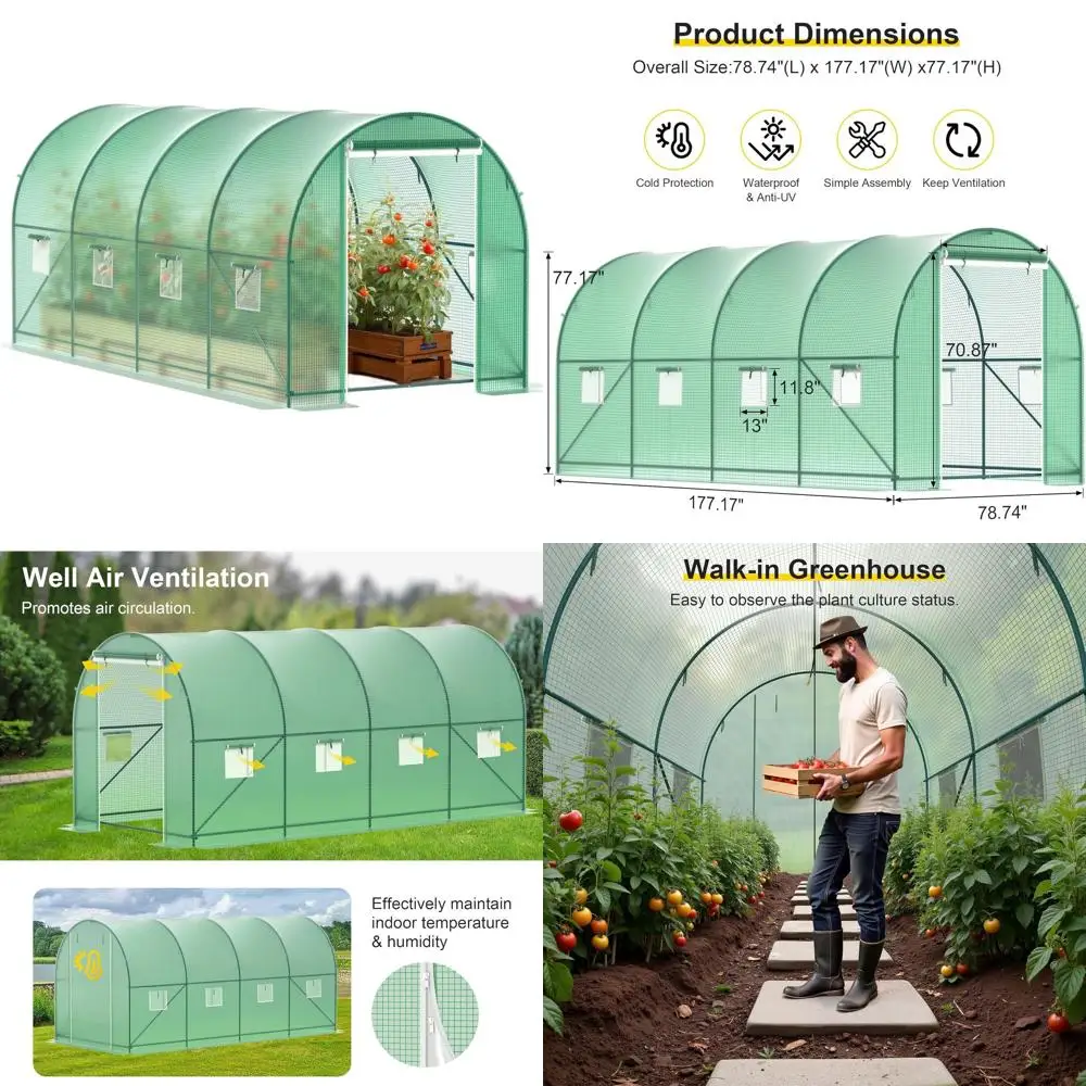 

Усиленная теплица-туннель 15x7x7 футов с 6 вентиляционными отверстиями и дверью на молнии для садоводства на открытом воздухе